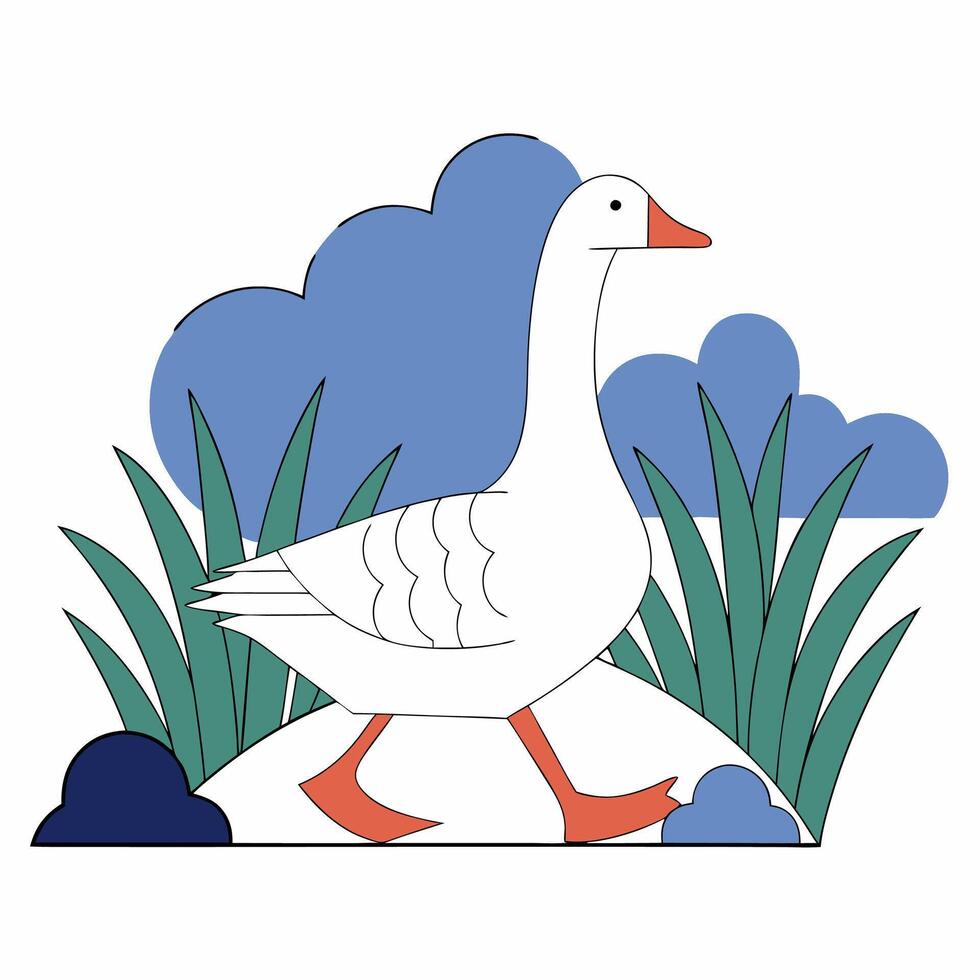 Walking Goose Illustration Minimalist White Goose Line Art, Serene Nature Scene. vector