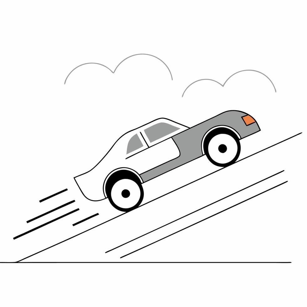 Speeding Car Downhill Simple Gray and White Illustration. vector