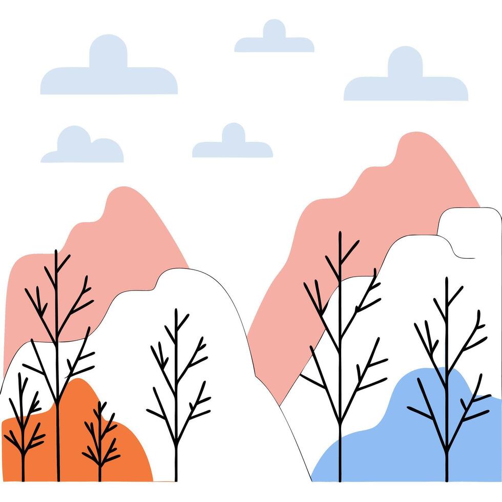 Minimalist Winter Landscape Illustration Pastel Pink Mountains, Bare Trees. vector