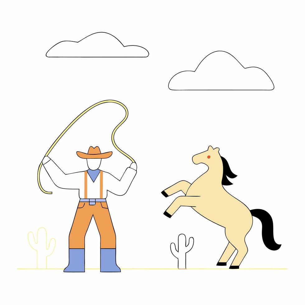 Cowboy Lassoing Horse Colorful Line Art Illustration Western. vector