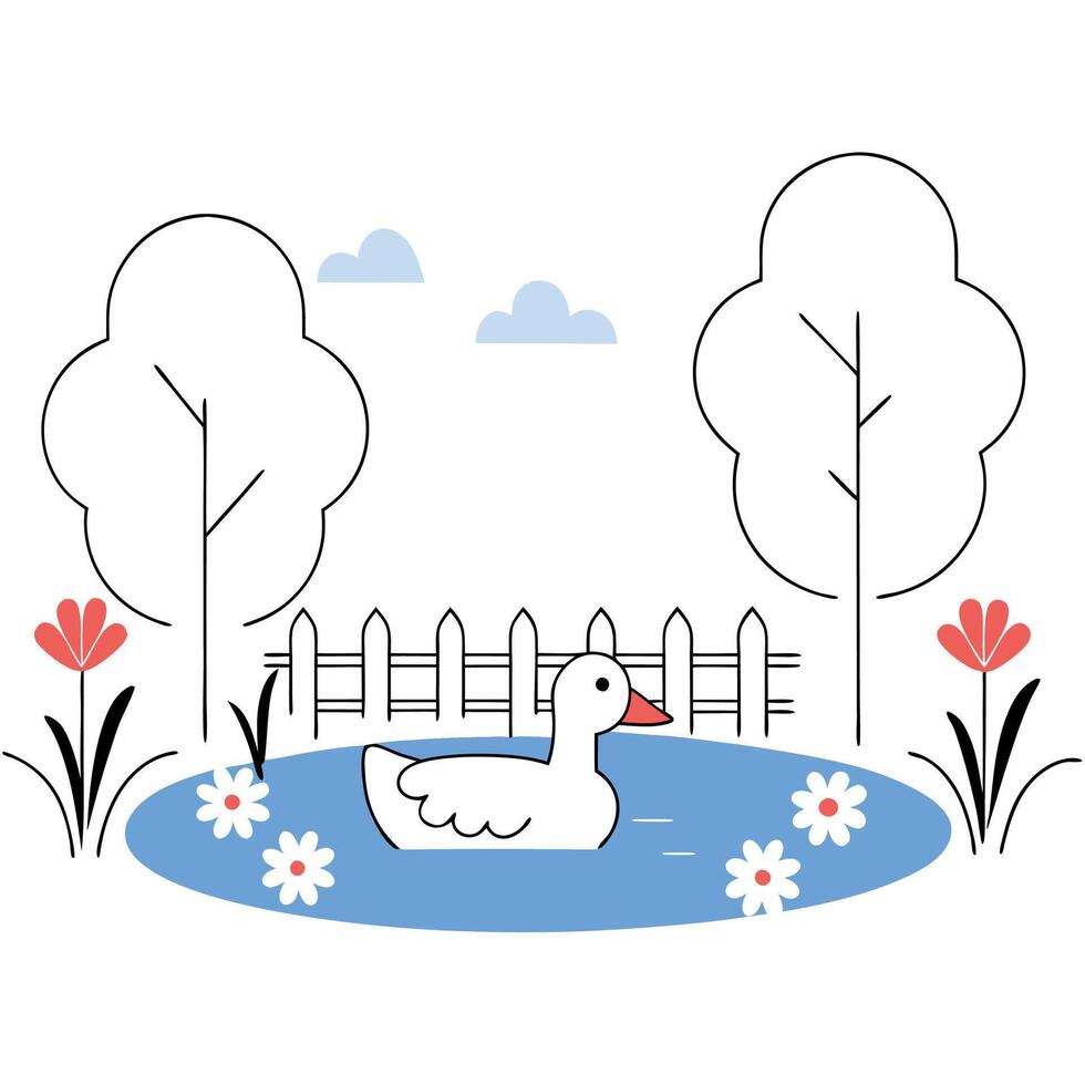 Cute White Duck Pond Illustration Minimalist Style, Childrens Book, Serene Scene. vector