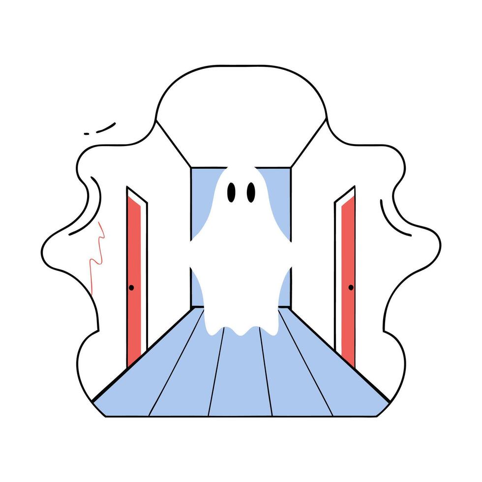 Friendly Ghost in Hallway Cute Halloween Illustration Cartoon Style. vector