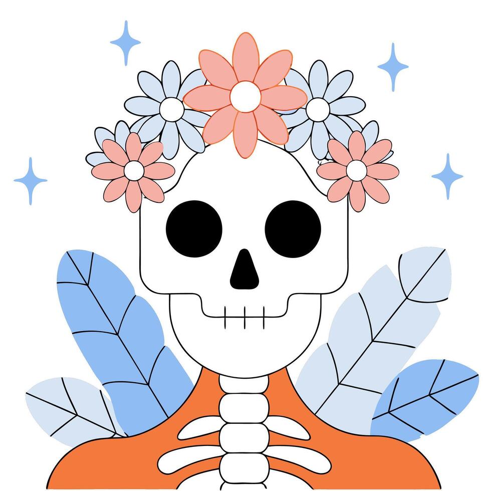 Cute Pastel Skeleton with Flower Crown Day of the Dead Illustration. vector