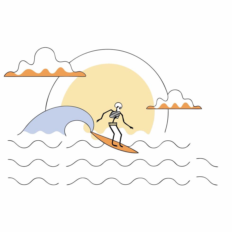 Minimalist Skeleton Surfer Line Art Illustration Pastel Colors Summer Beach Design. vector