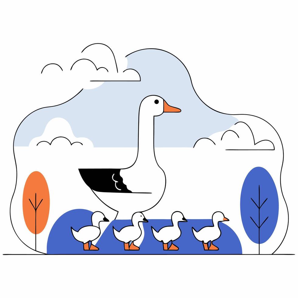 Goose Family Line Art Illustration Mother Goose and Goslings Pastel Colors Minimalist Style. vector