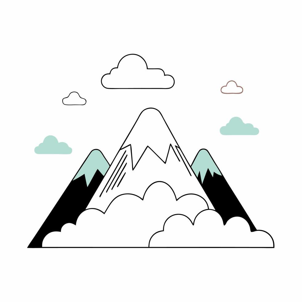Minimalist Mountain Landscape Illustration Snow Capped Peak, Clouds. vector
