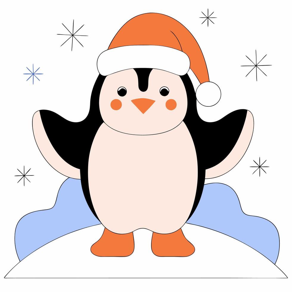 Cute Christmas Penguin Illustration Minimalist Graphic, Orange Hat. vector