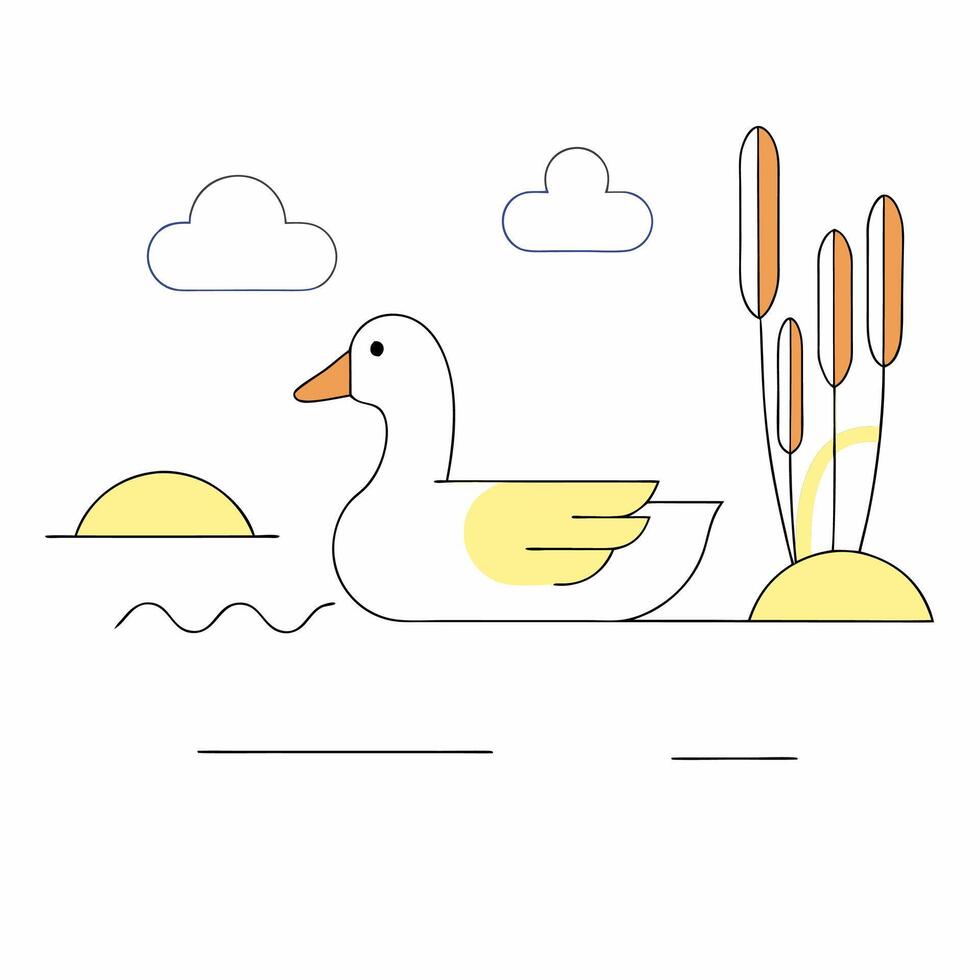 Minimalist White Goose Sunset Lake Illustration Pastel Colors, Simple Lines. vector