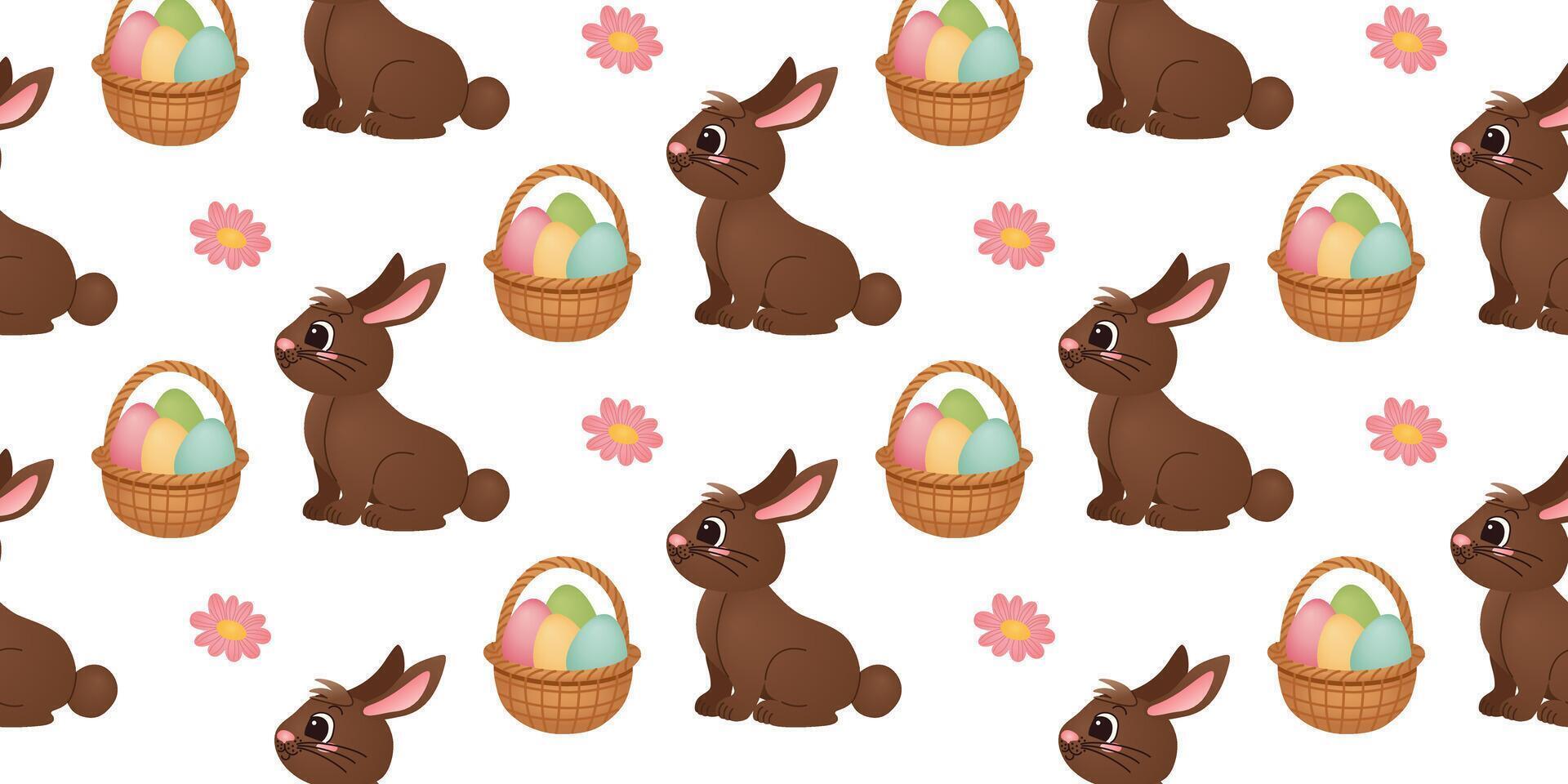Easter bunnies and eggs pattern. Seamless pattern with Easter bunnies, egg baskets and pink flowers on a white background. Holiday design for greeting card, invitation, textile, wallpaper. vector