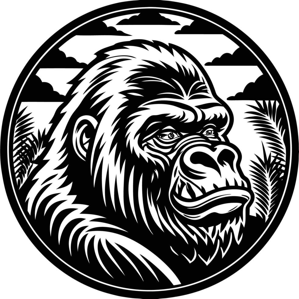 Gorilla head in a circle with a black and white background vector