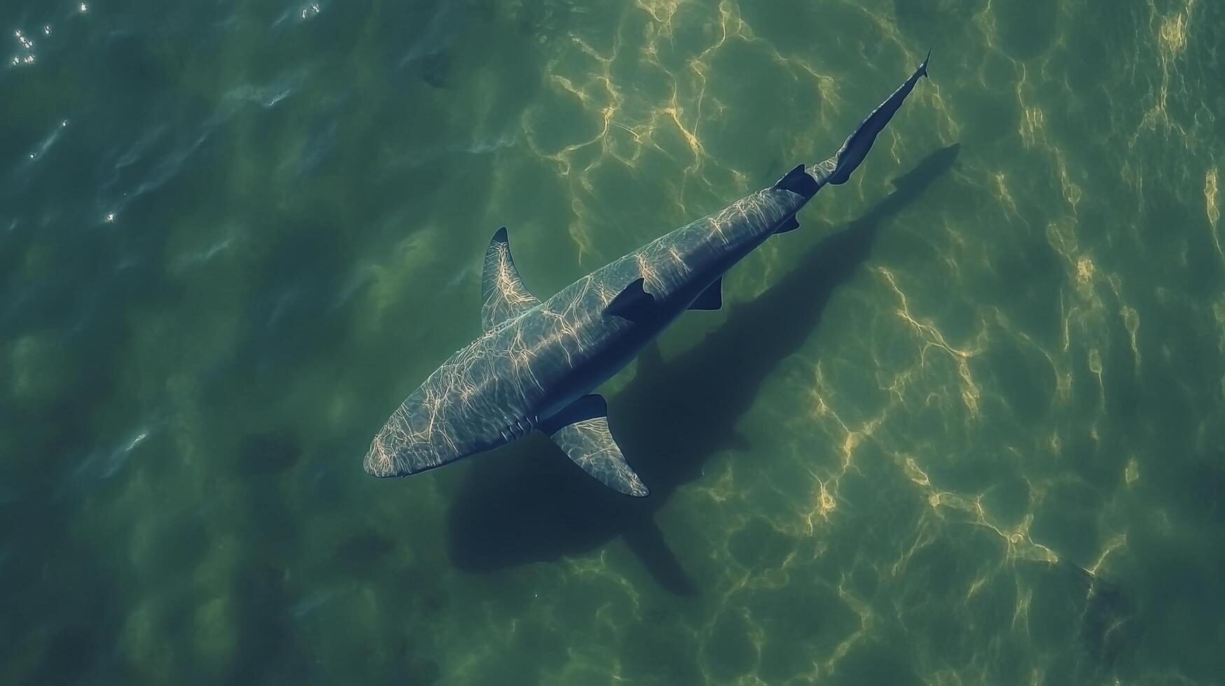 A shark swimming in the ocean with its head above the water photo