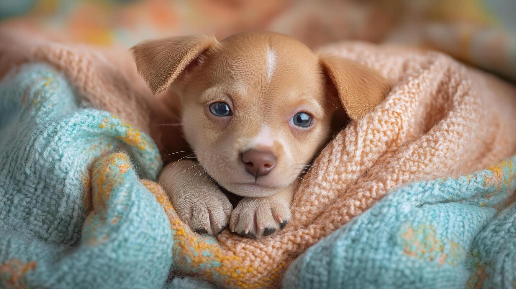 A small brown and white puppy is wrapped in a blanket photo