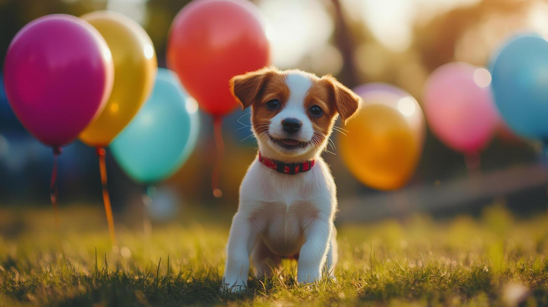 A puppy is standing in front of a field of colorful balloons photo