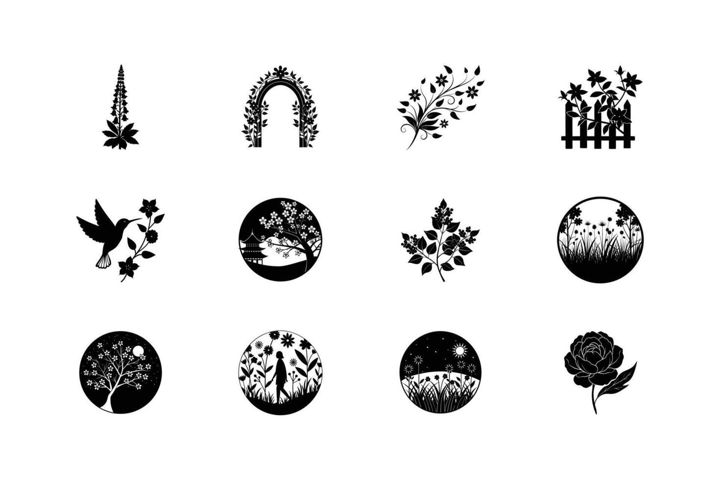 A collection of twelve elegant black silhouettes depicting various garden elements flowers, plants, a bird, an arch, and garden scenes. Simple and stylish design. vector