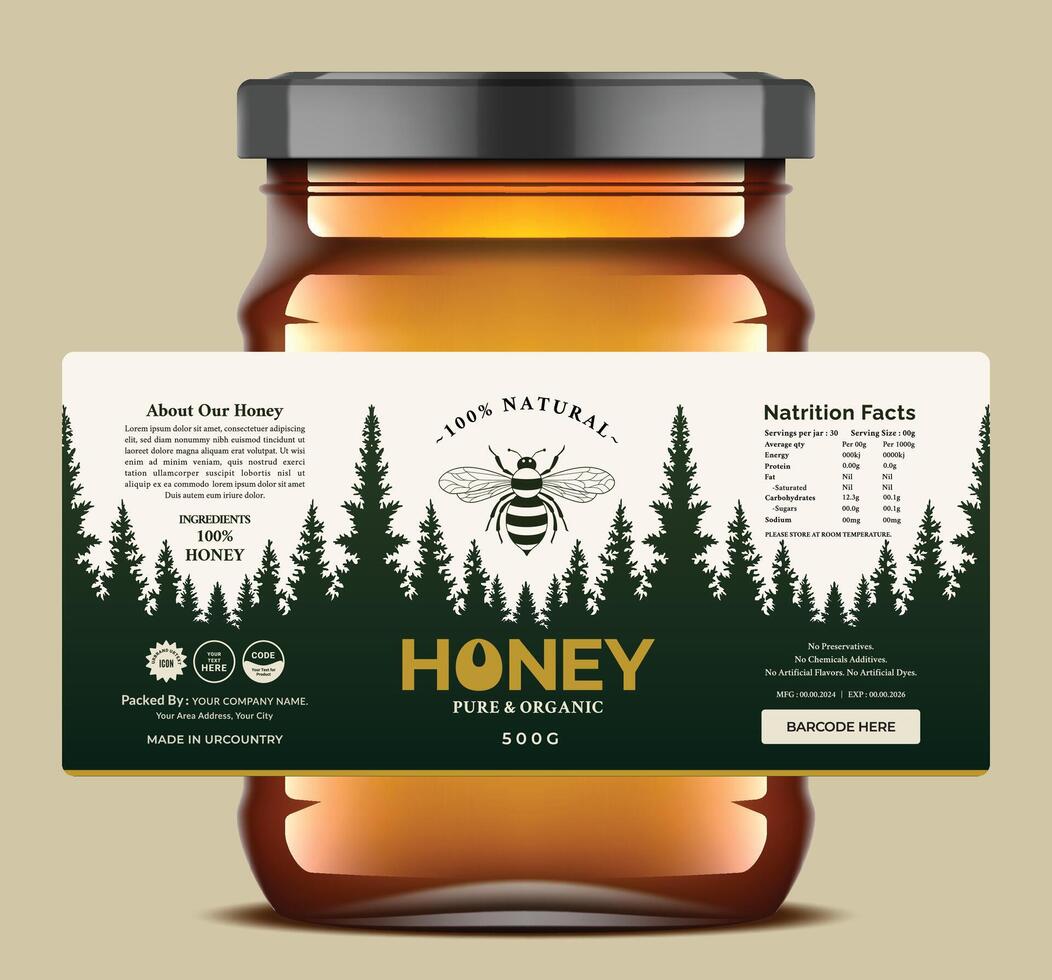 Premium artistic honey jar label featuring a unique vintage-modern blend. forest silhouette design and bold golden text create a striking appearance for organic honey packaging. vector