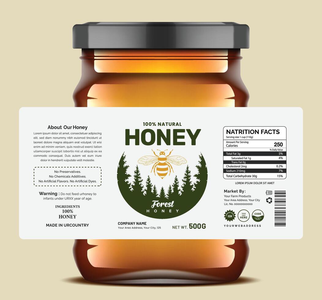 Minimalist realistic honey label design with a nature modern theme, a bee Eco-friendly, forest botanical elements, and clean typography. Perfect for organic honey packaging. vector