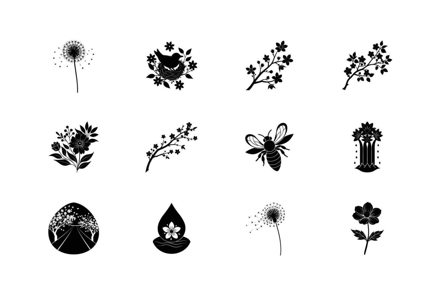Black Silhouettes Floral Designs, Bird Nest, Bee, Dandelions vector