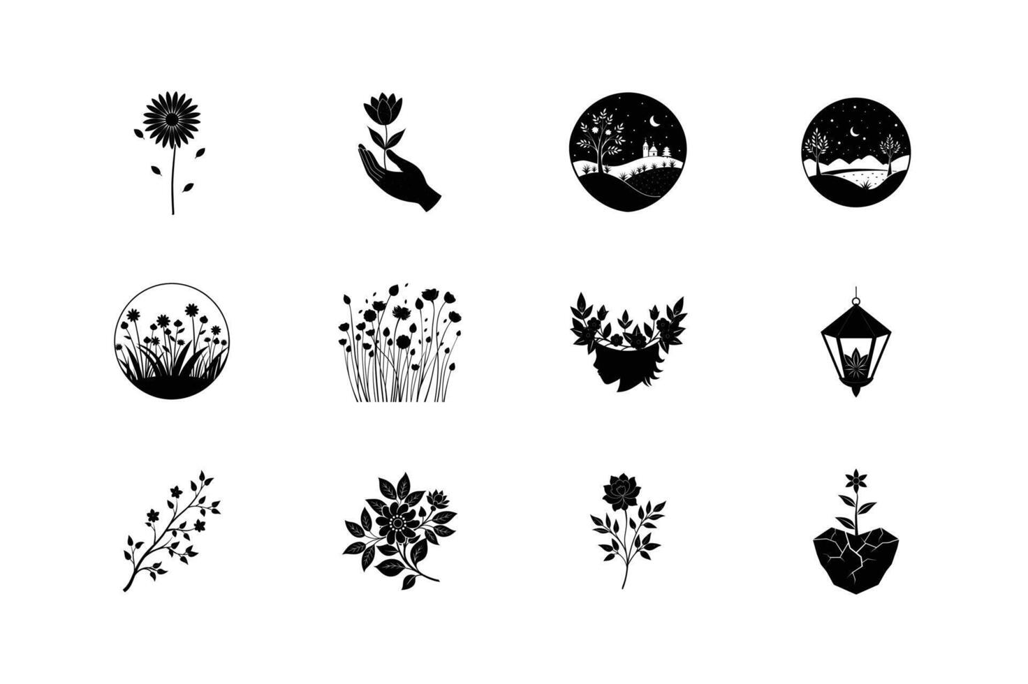 A collection of twelve minimalist black and white illustrations featuring various floral elements, landscapes, and a lantern. Perfect for branding or design. vector