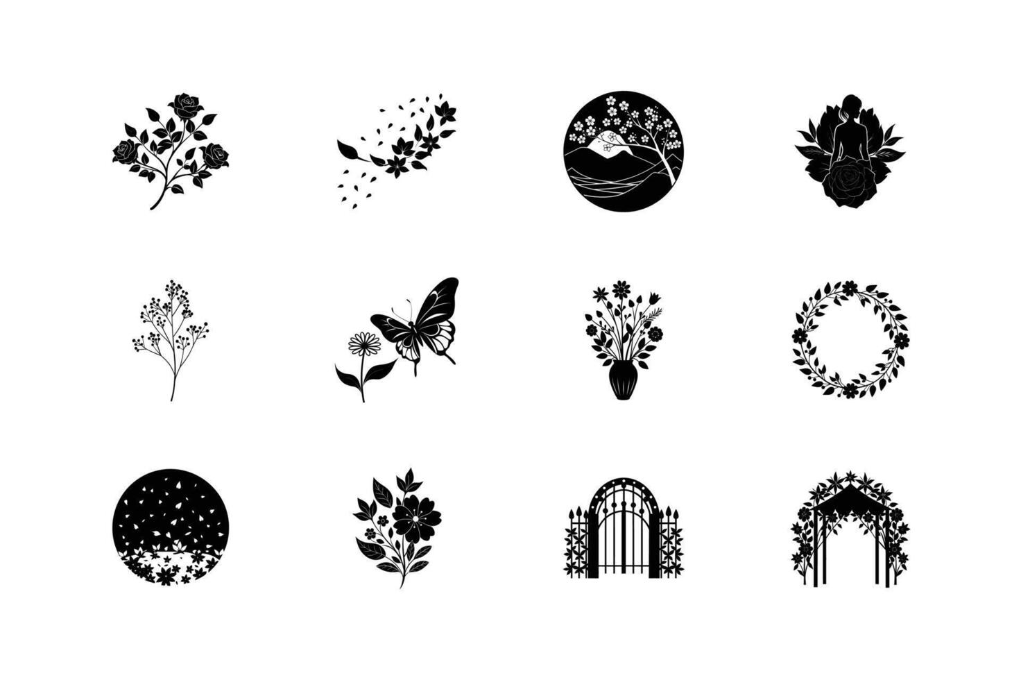 A collection of twelve black and white floral silhouettes, including roses, blossoms, a butterfly, a flower wreath, a gate, and more. Elegant and simple. vector