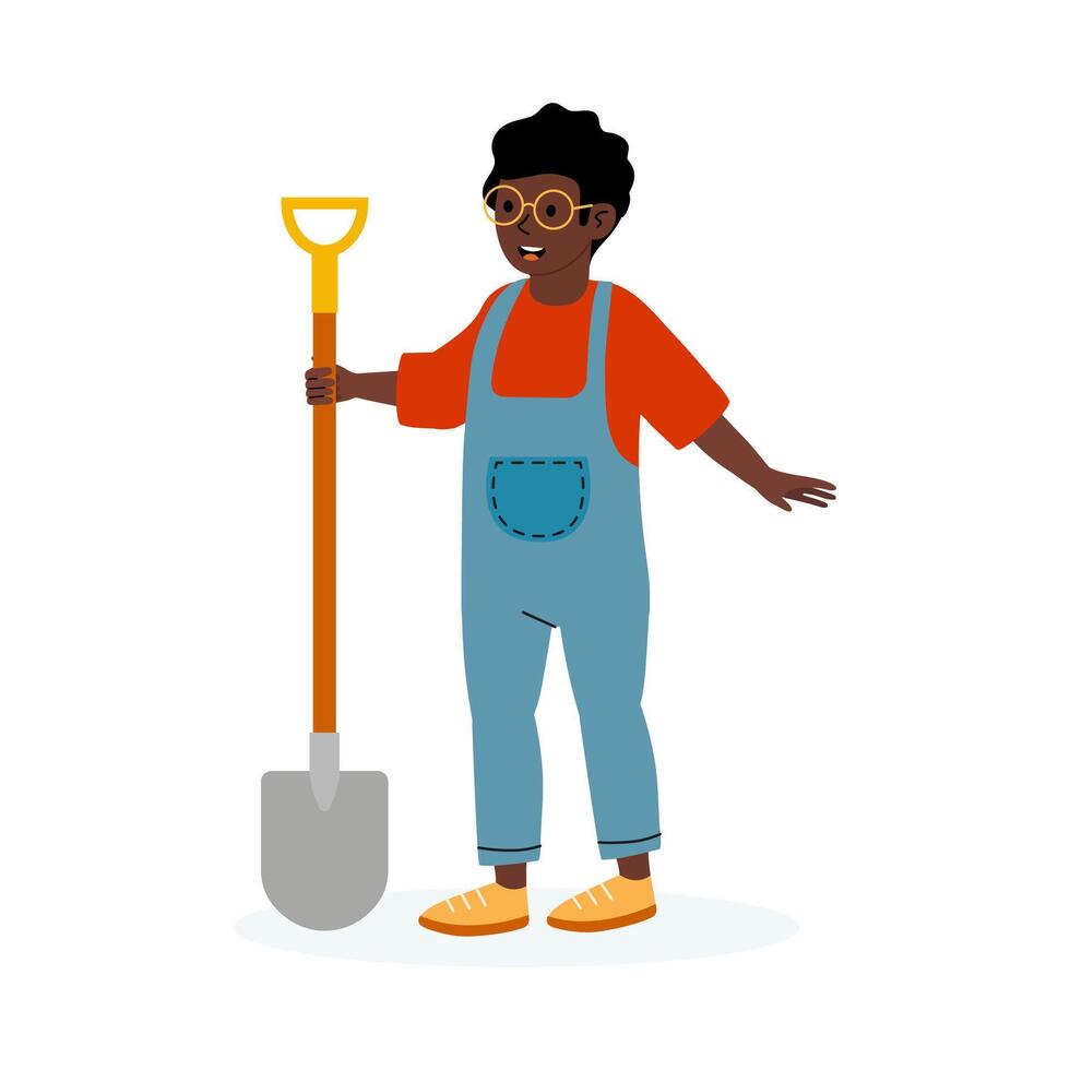 Child gardening enthusiast holding a shovel and smiling in a bright outdoor setting vector