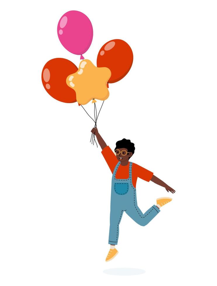 Child joyfully holding colorful balloons while balancing on one foot outdoors vector