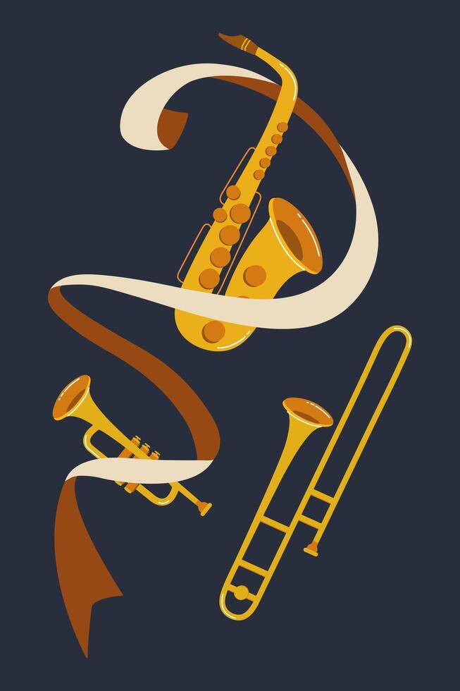 Musical instruments with flowing ribbons create dynamic visual harmony in a playful design vector