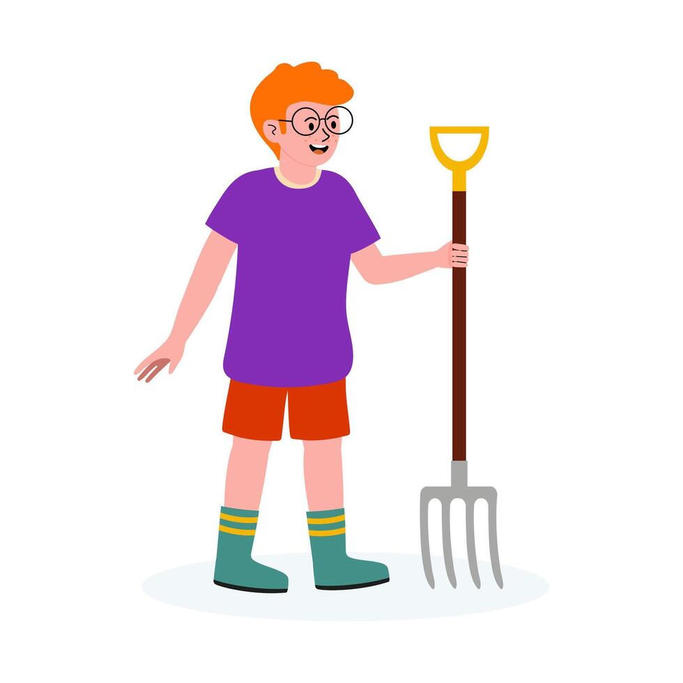 Cheerful boy holding a pitchfork in playful gardening attire by a sunny background vector