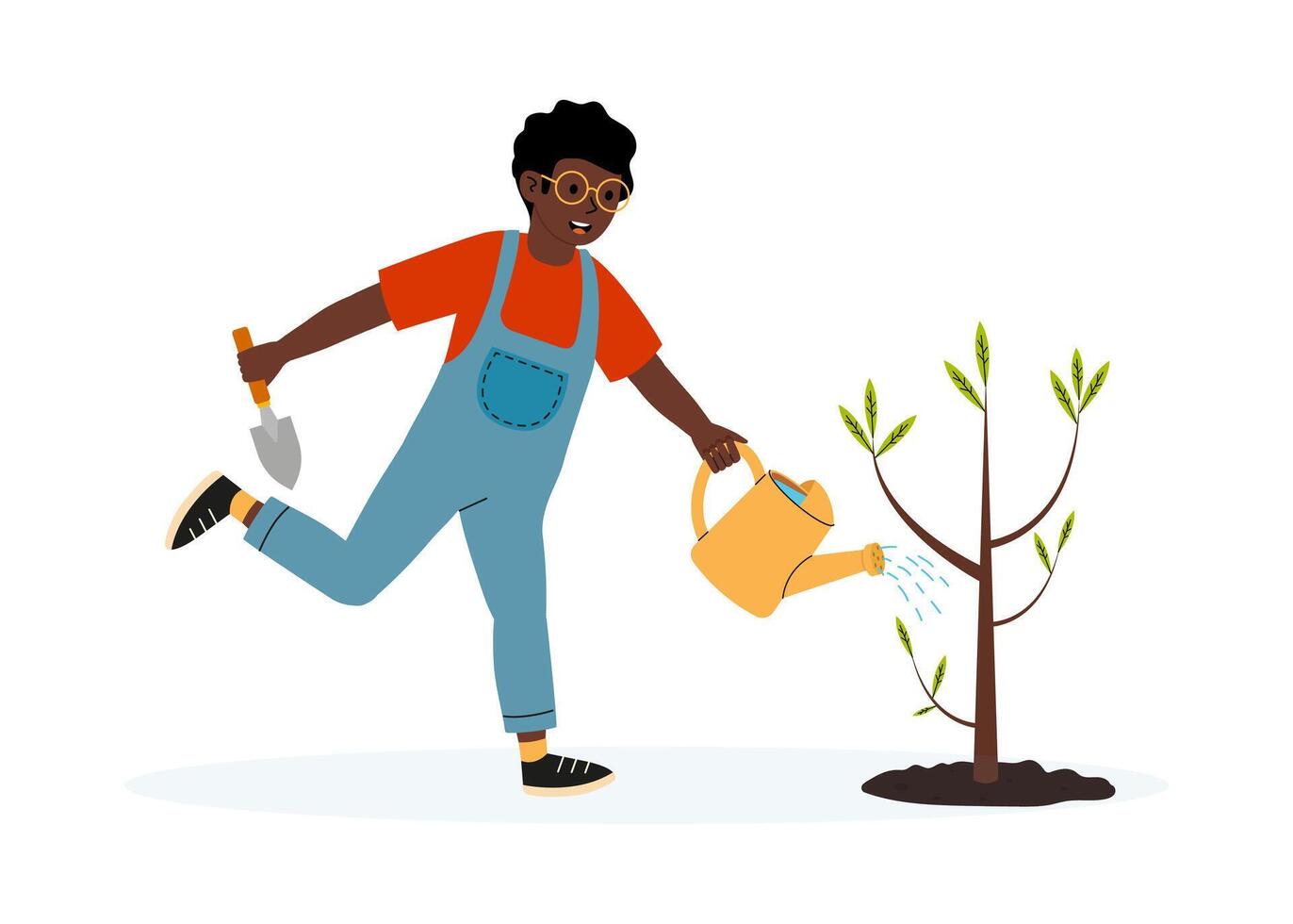 Young person watering a newly planted tree in a playful garden setting during a sunny day vector