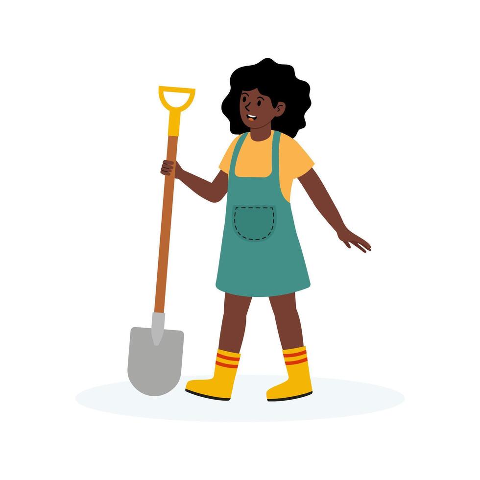 Young girl happily walking with a shovel in a garden setting on a sunny day vector