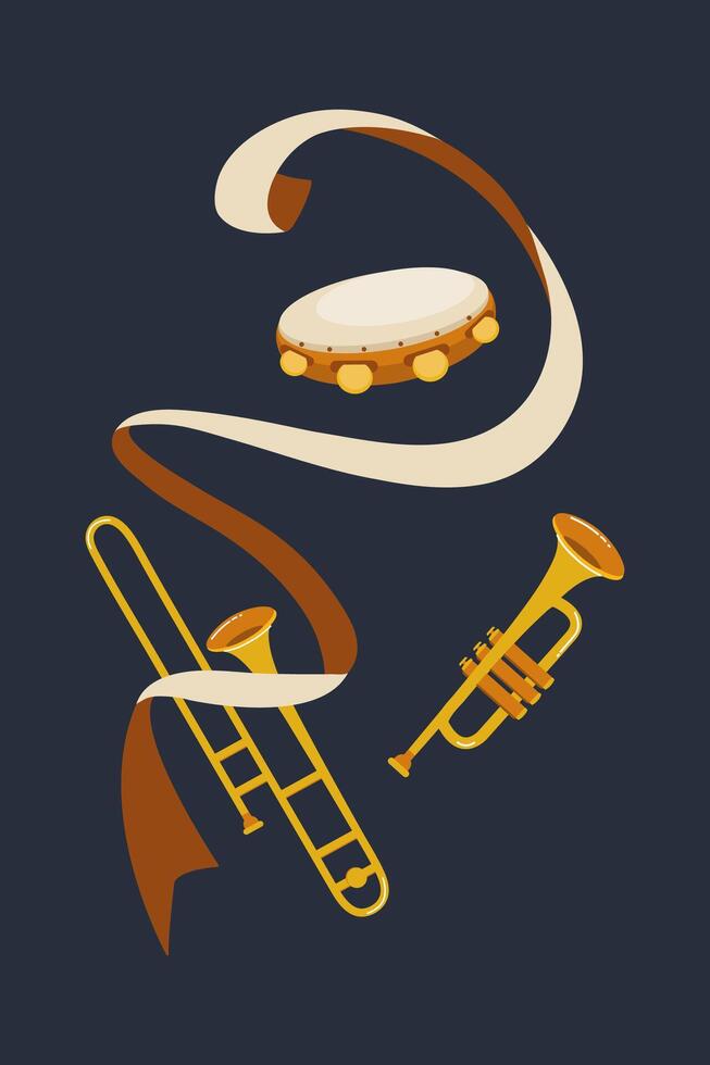 Colorful musical instruments with ribbons create a festive atmosphere at an event vector