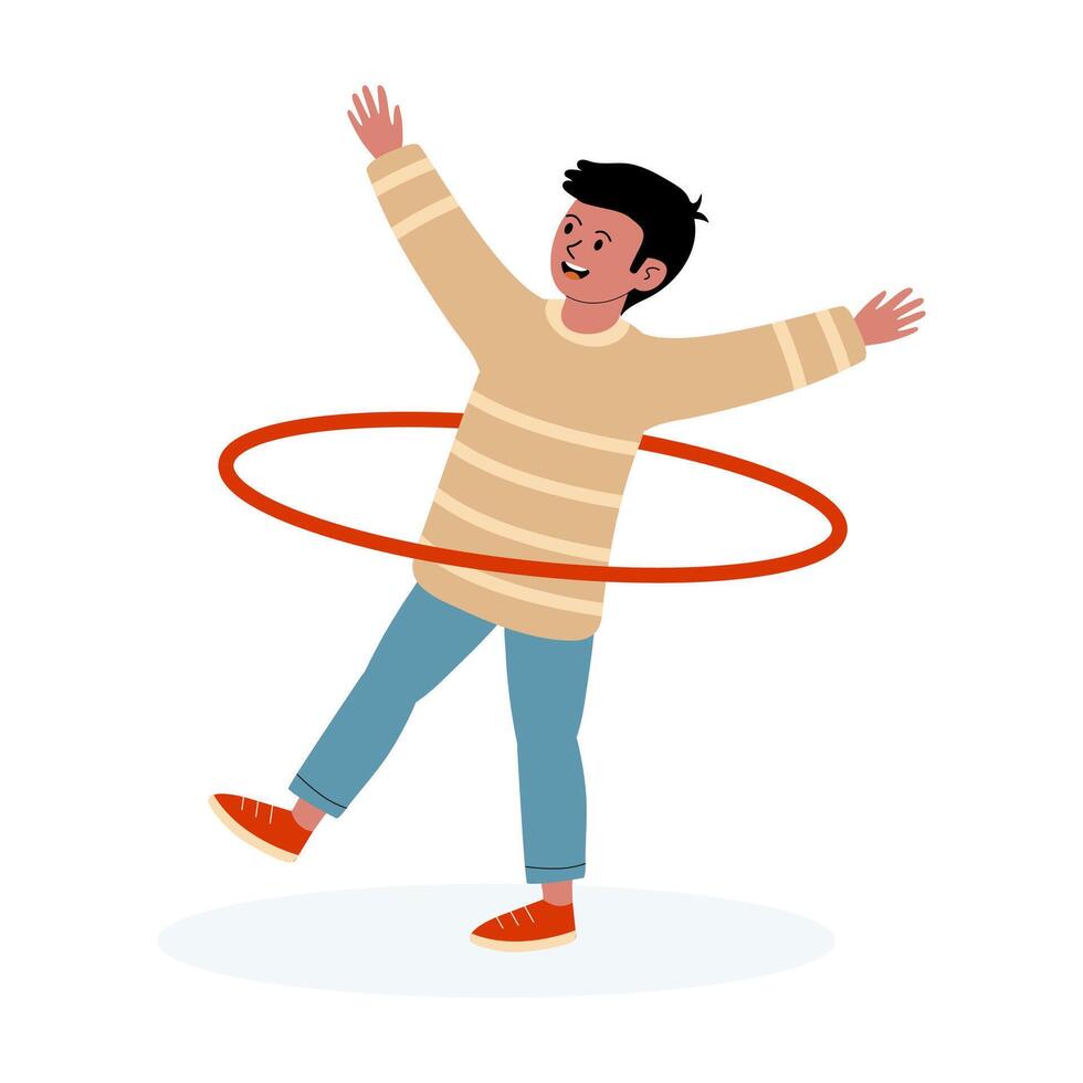 Boy hula hooping and having fun in a playful indoor setting vector