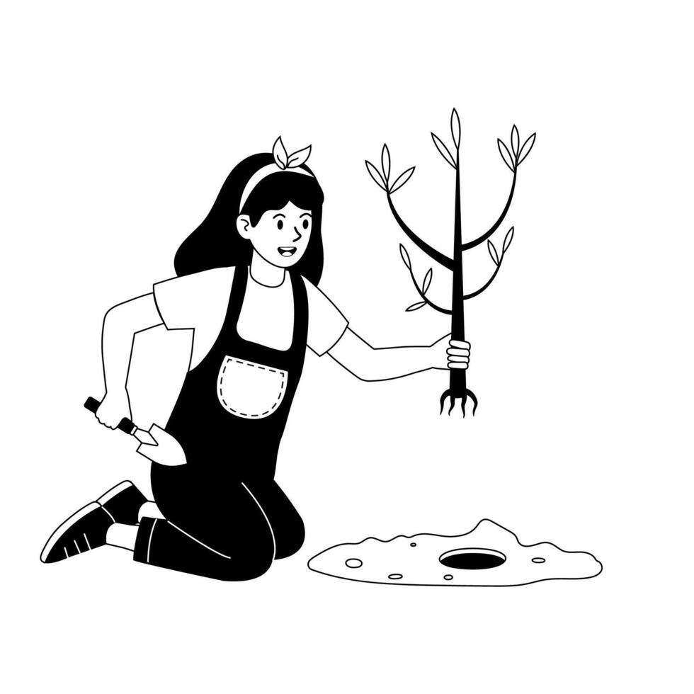 Young girl planting a tree in a garden during a sunny day in spring vector
