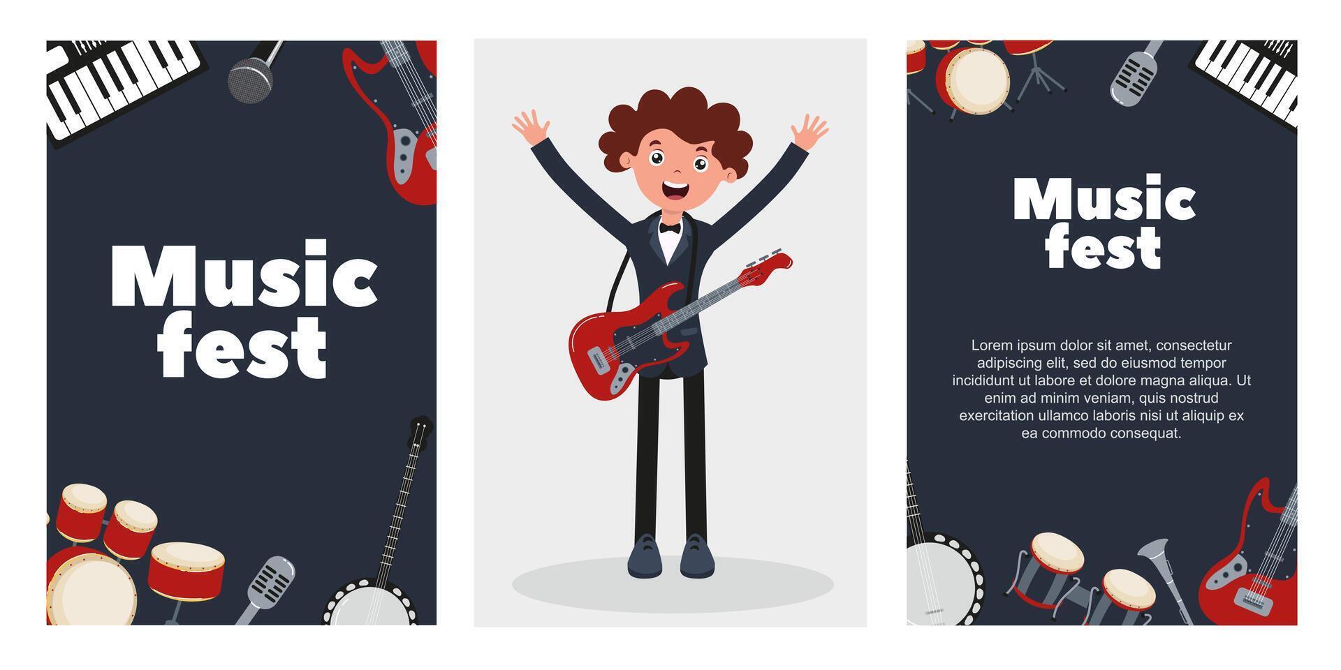 Musician performing at a lively music festival with various instruments and vibrant decorations vector