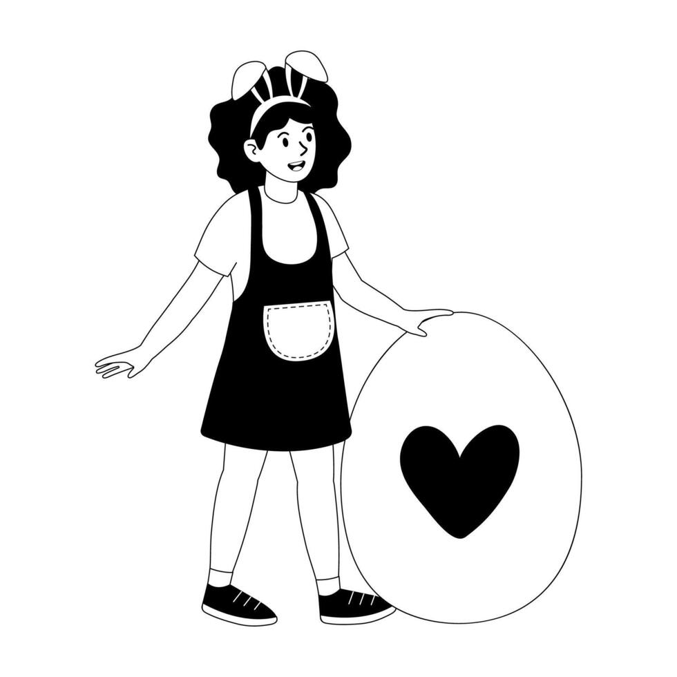 Girl wearing bunny ears standing next to large heart-shaped egg in playful setting vector