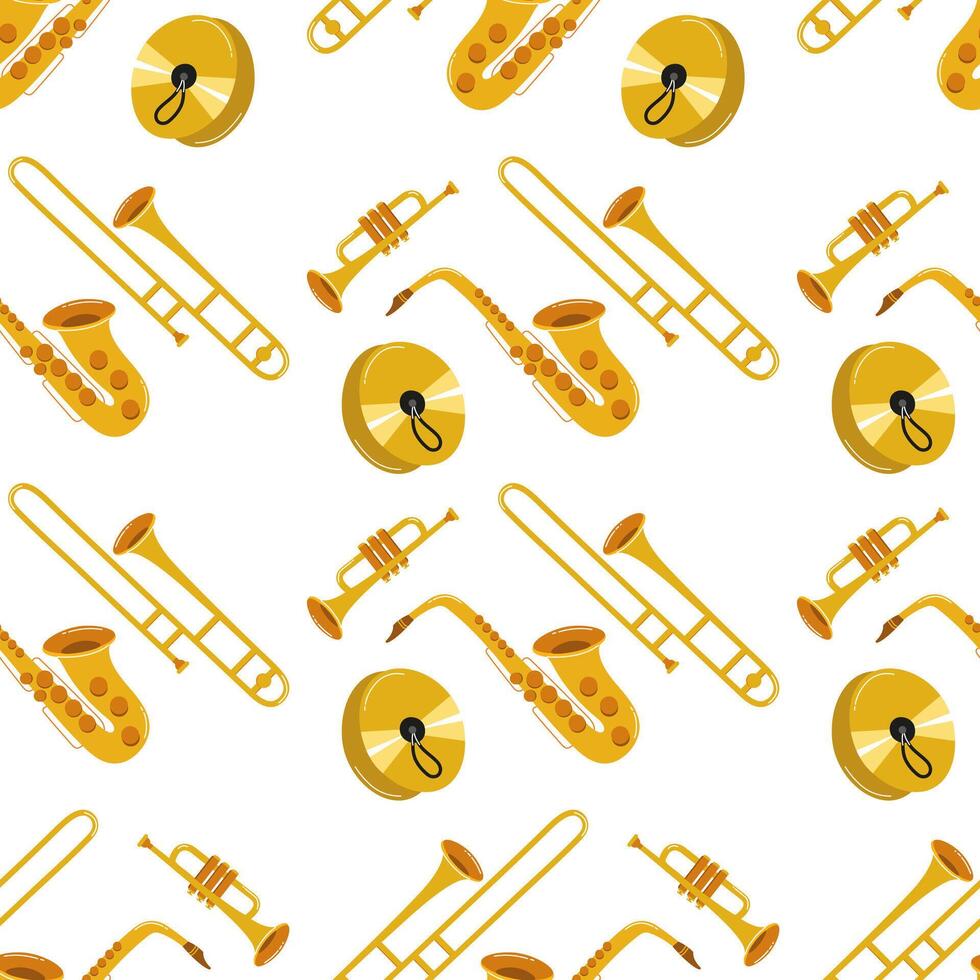 Musical instruments pattern featuring brass and woodwind instruments on white background vector