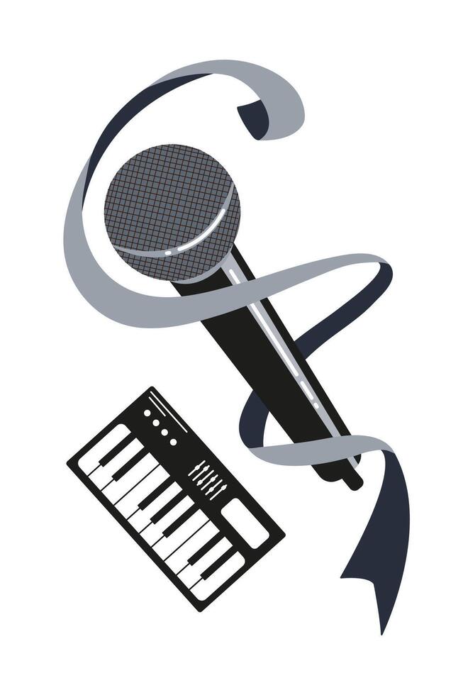 Musical performance equipment with a microphone and keyboard on a white background vector
