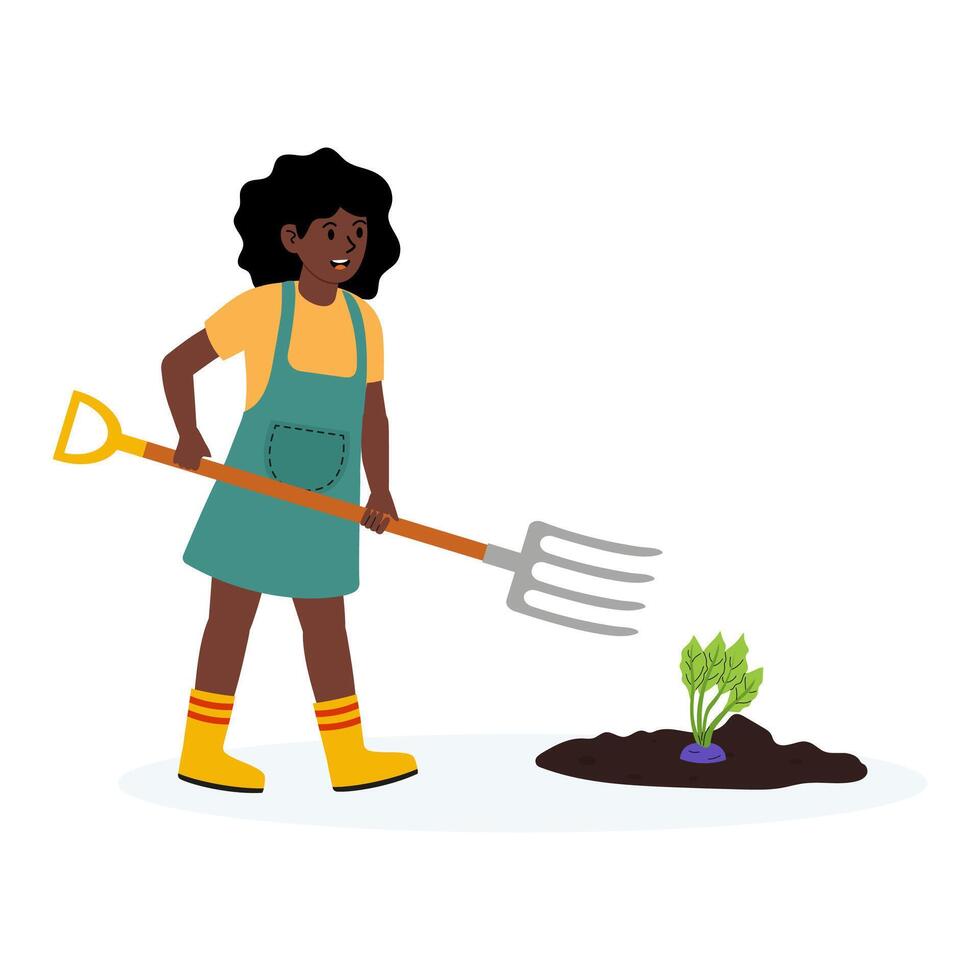 Girl gardening with a pitchfork in her backyard, nurturing plants during summer vector