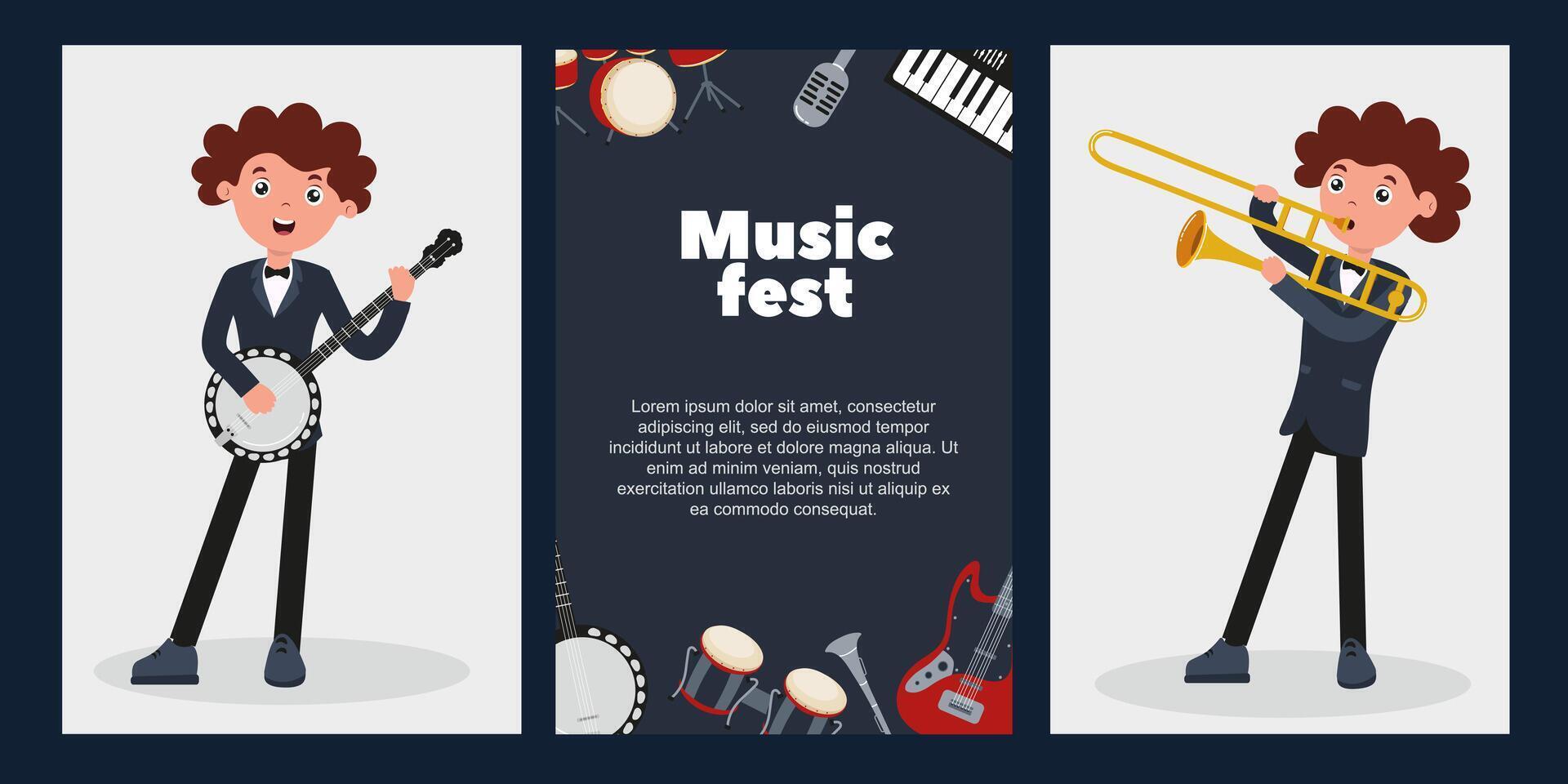 Young musicians enjoying a lively music fest with various instruments and cheerful performances vector