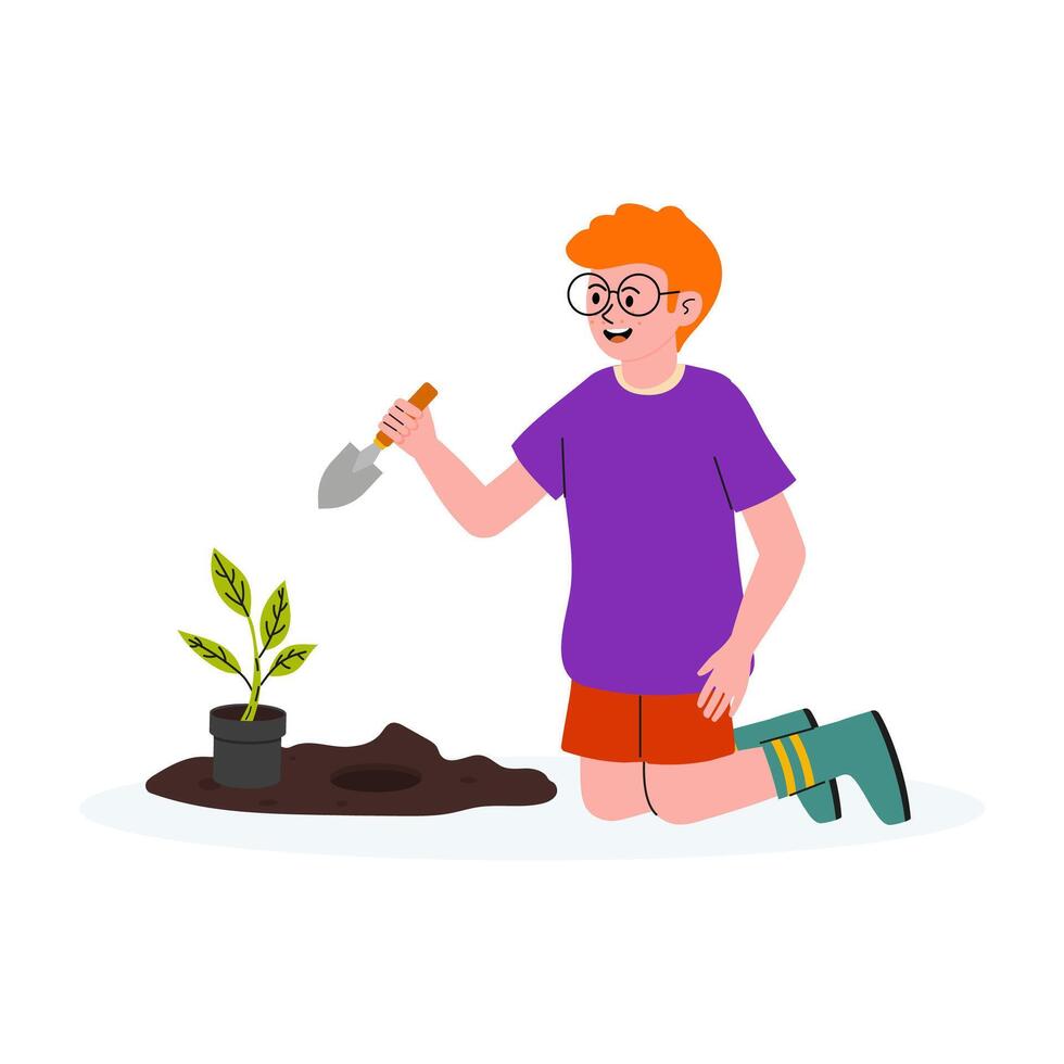 Child gardening in a home setting during daytime while planting a young plant with a trowel vector