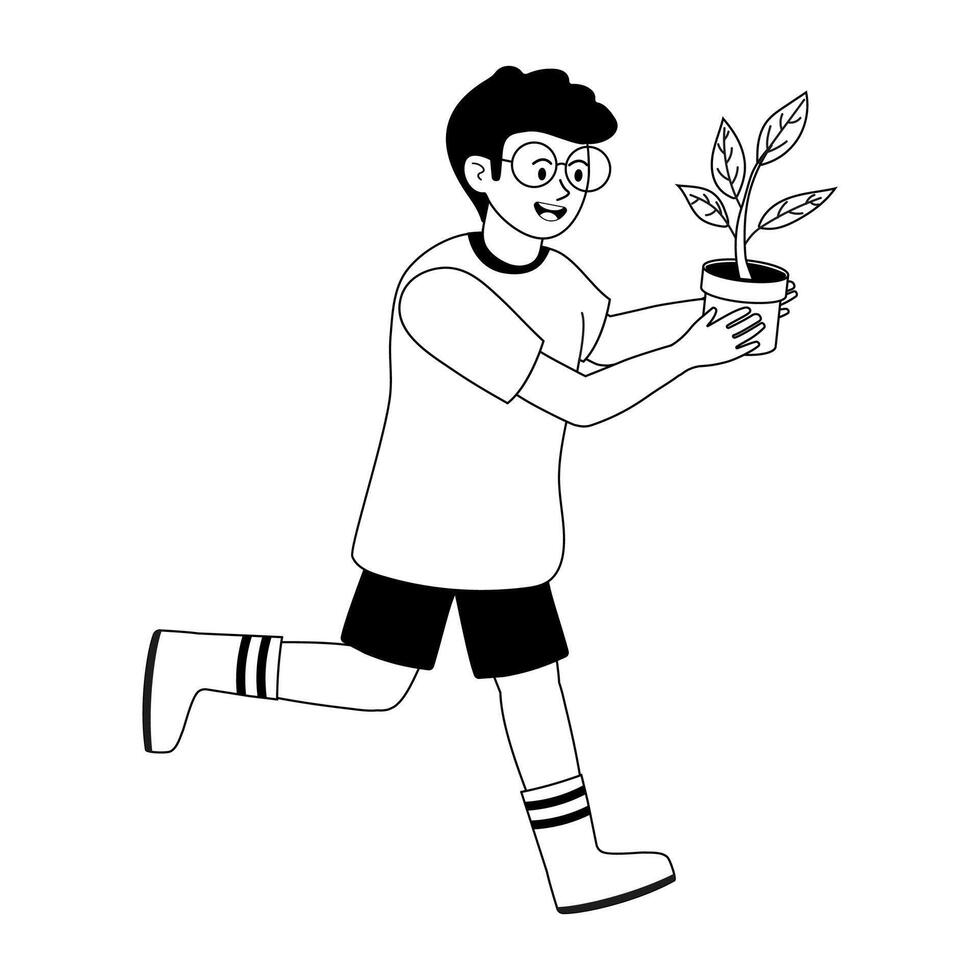 Young person running happily while carrying a potted plant in a playful manner vector