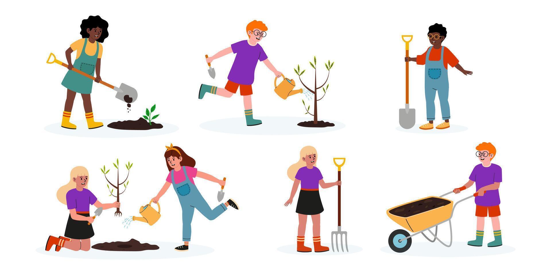 Children engage in gardening activities while planting trees in a community green space vector