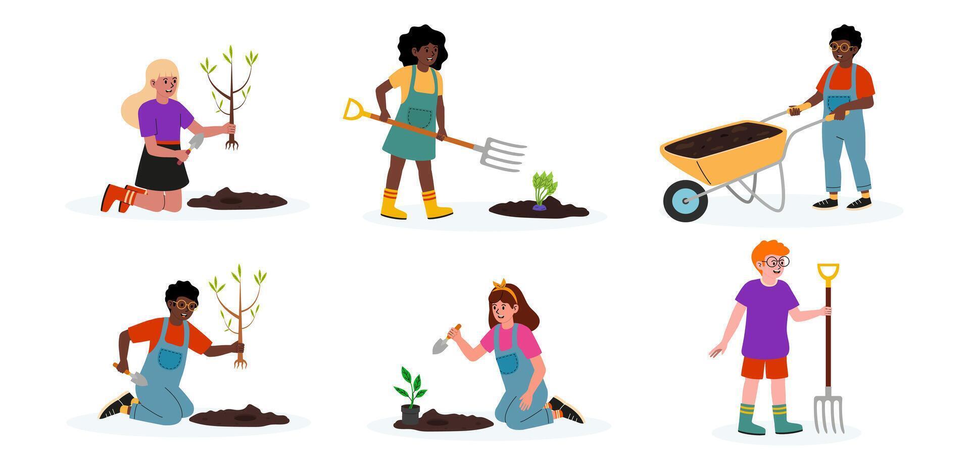 Community garden project involves planting and cultivating plants by diverse individuals vector