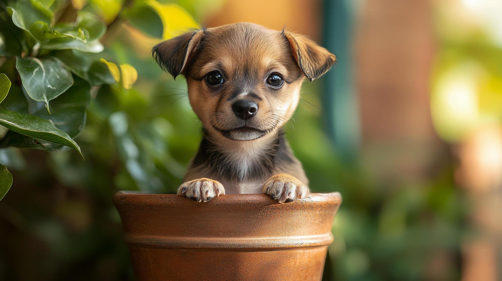 A small brown and black dog sitting in a pot photo