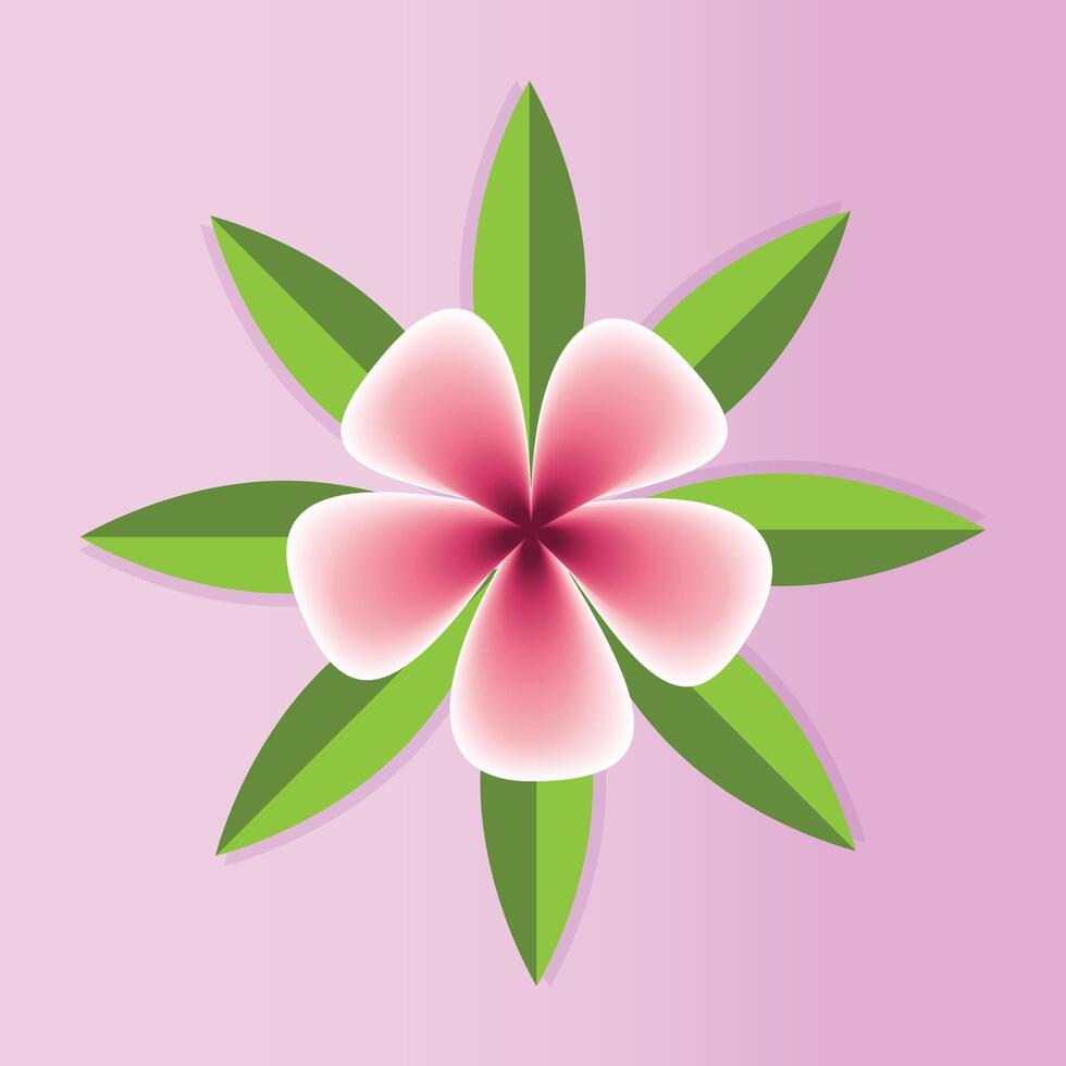 illustration of a cherry blossom flower with soft pink petals blending into a deep magenta center, surrounded by lush green leaves. The vibrant floral design is set against a gradient pink background. vector