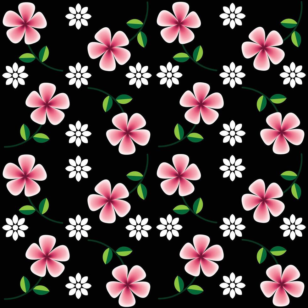 A stylish and sophisticated floral seamless pattern featuring pink and white flowers with green leaves on a bold black background.Easy to use for backdrop, textile, wrapping paper. vector