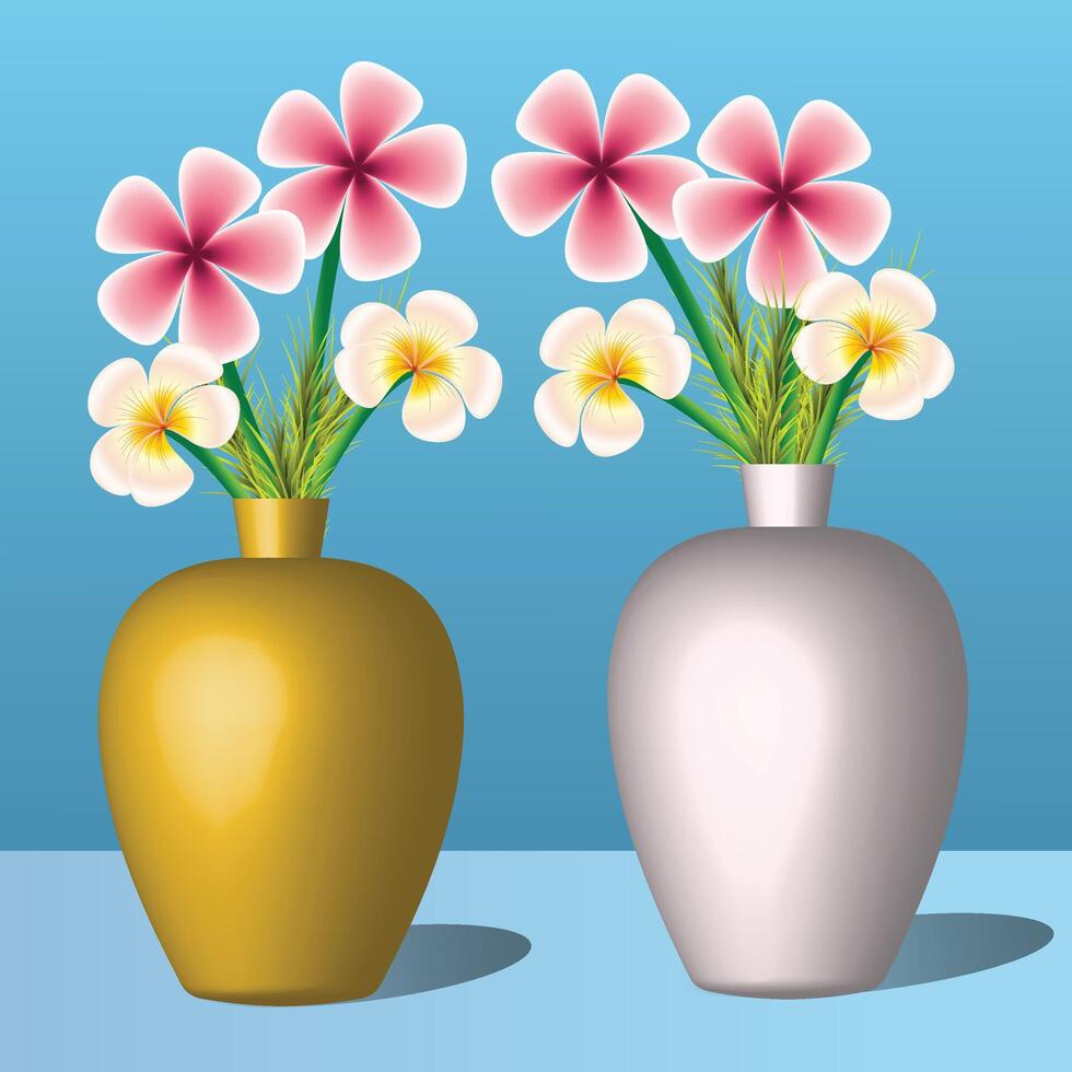 A digital illustration featuring two decorative vases,one golden and one silver,filled with vibrant plumeria flowers in pink and yellow.The flowers and vases are perfect for interior decor. vector