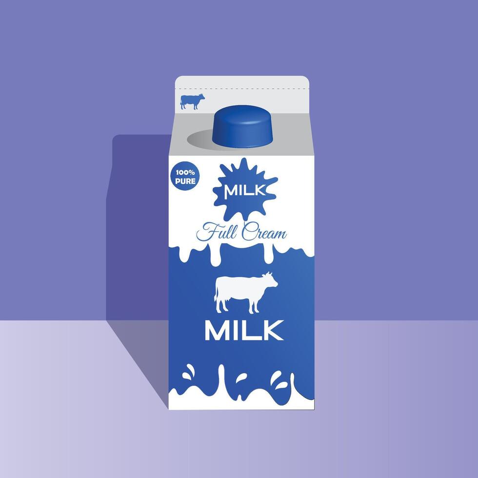 A digital illustration of a full cream milk carton designed in blue and white. The packaging features a cow silhouette, Pure label, and a splash of milk, emphasizing freshness and quality. vector