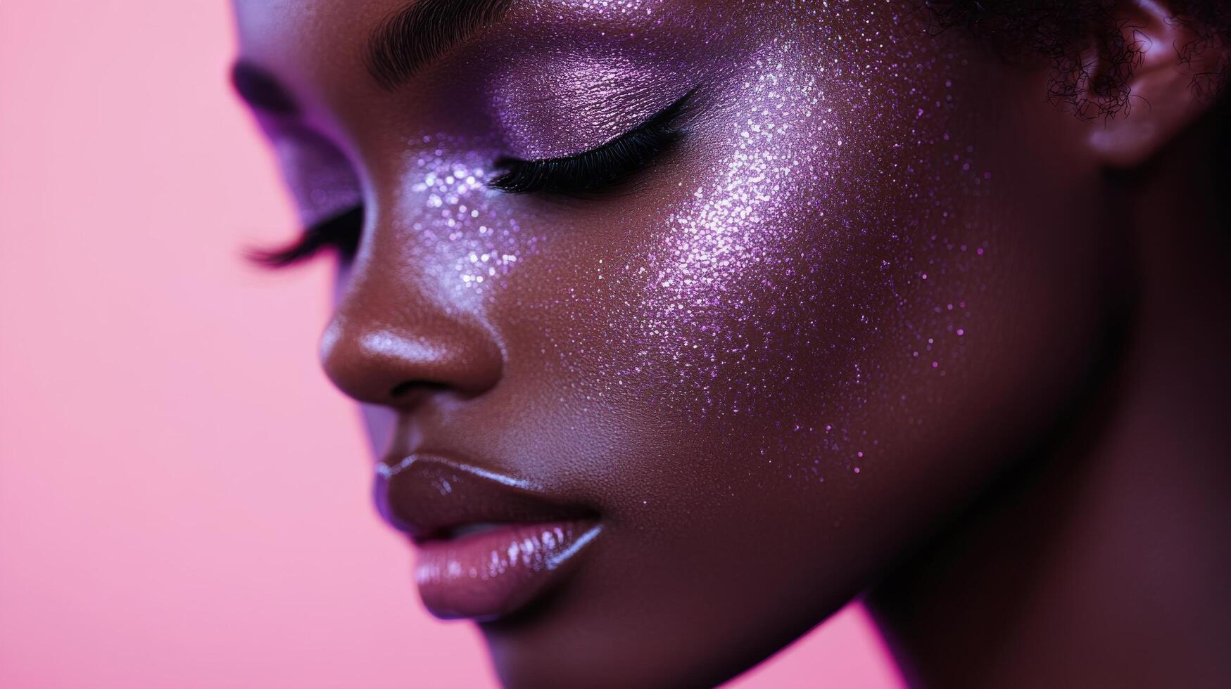 Beautiful black woman with glitter makeup and purple eyes photo