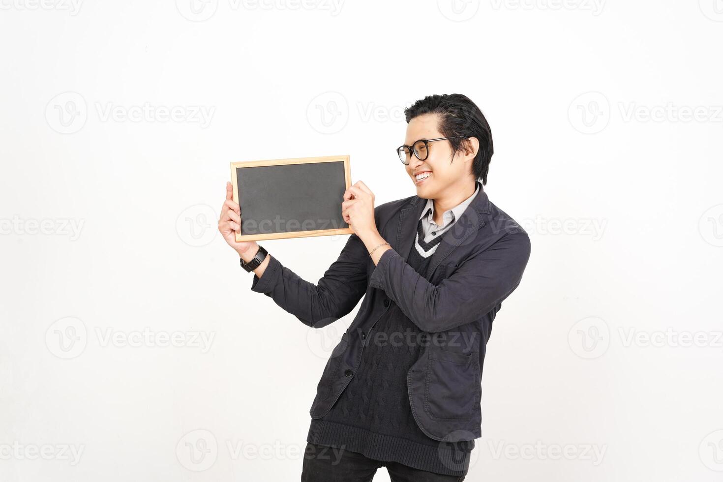 Asian man holding a blackboard and smiling photo