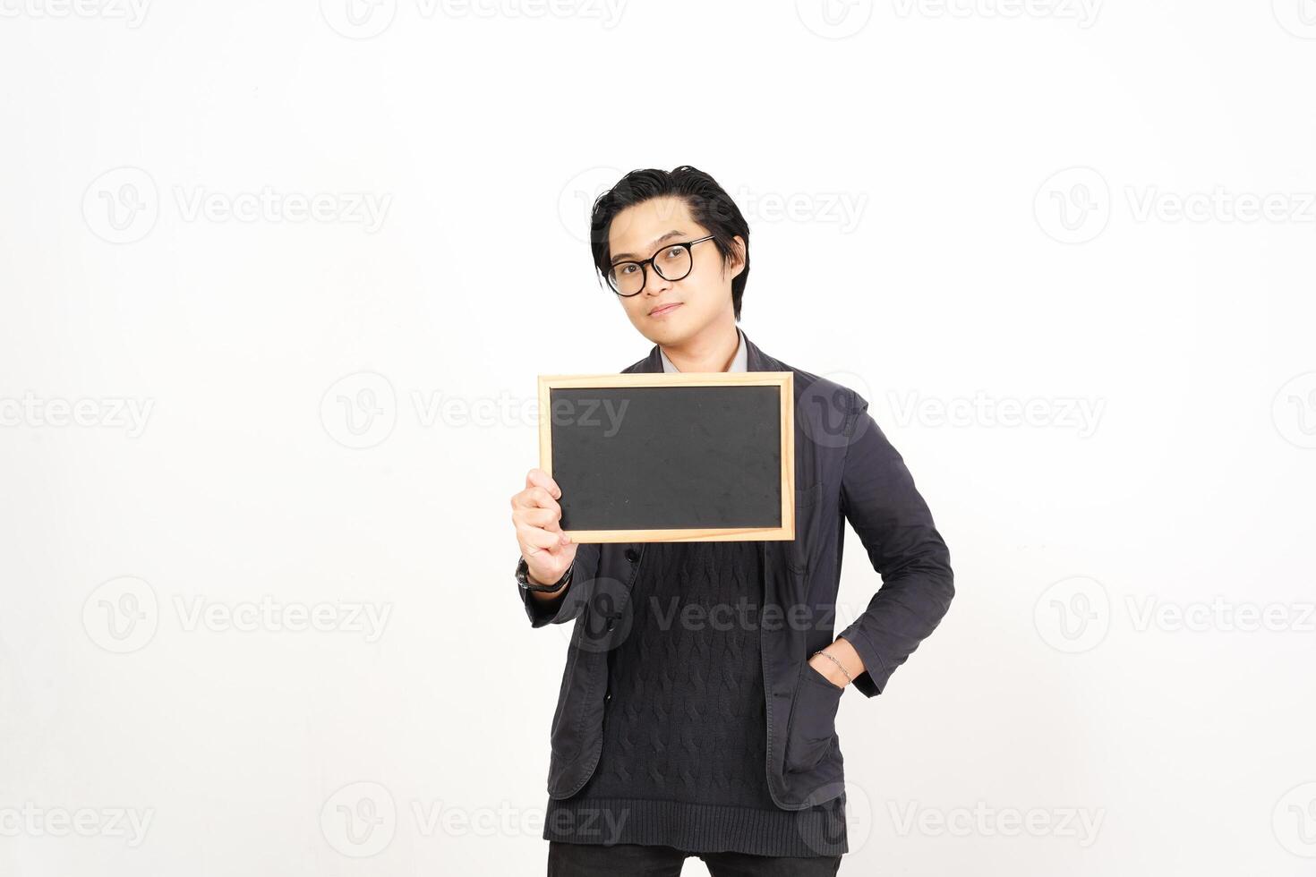 Asian man holding a blackboard with text photo